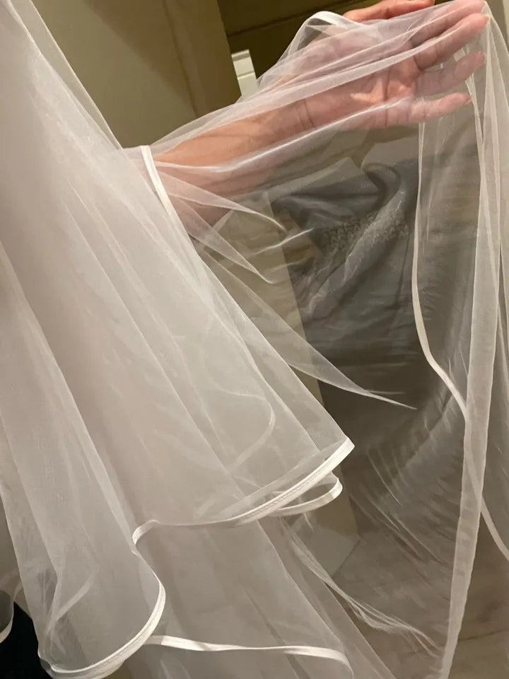 Ribbon Trimmed Tulle Chapel Length Wedding Veil w/ Blusher