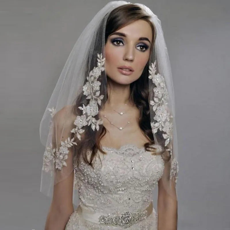 Pearl Lace Edging Tulle Elbow Length Wedding Veil w/ Blusher