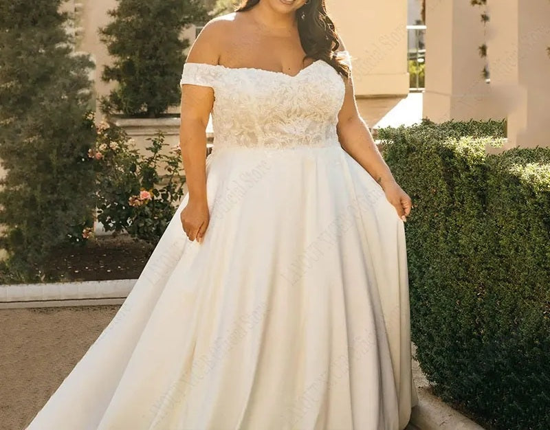 Off Shoulder Romantic Lace/Satin A Line Wedding Gown All Sizes/Colors