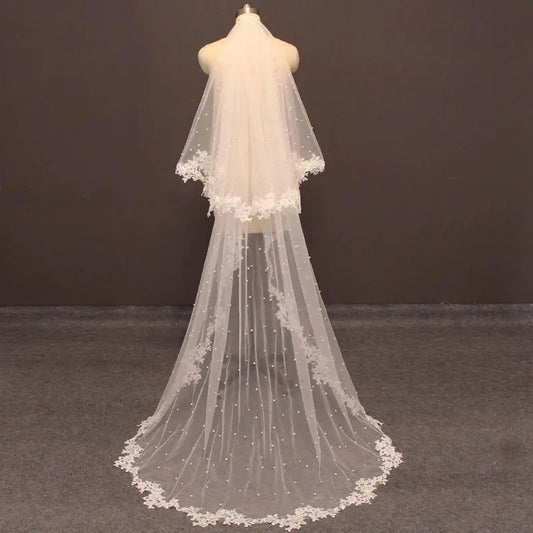 Lace Trim Pearl Tulle Church Wedding Veil w/ Blusher