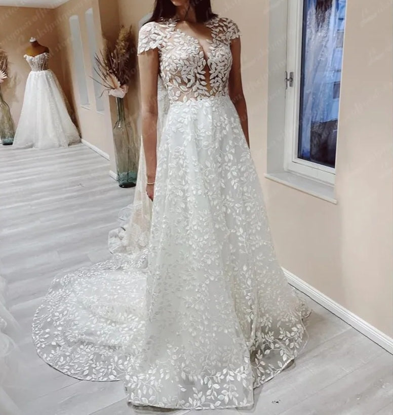 All Over Leaf Applique Wedding Gown All Sizes/Colors