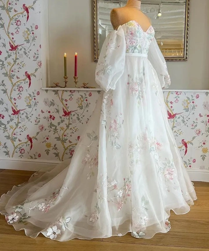 Floral Embroidered Chiffon A Line Wedding Gown All Sizes