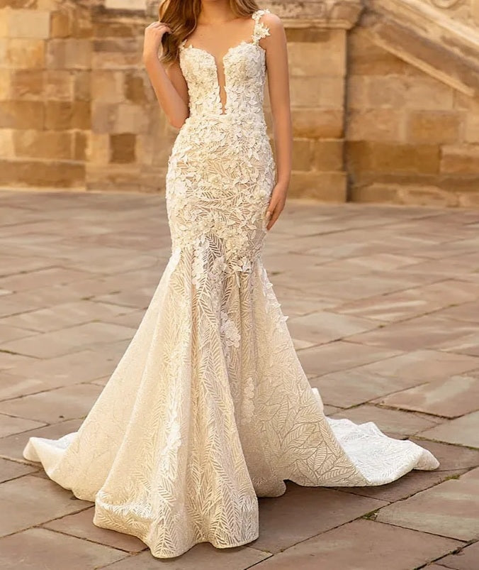 Pearl & Sequined 3D Flower Mermaid Wedding Gown All Sizes