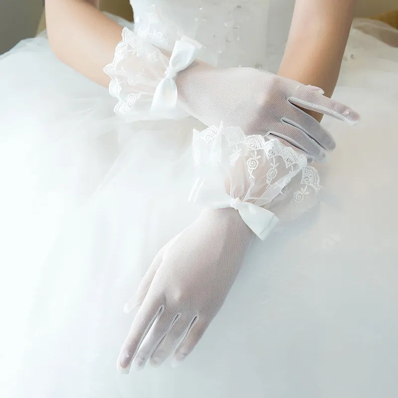 Tulle Ruffle Trim Wrist Wedding Gloves