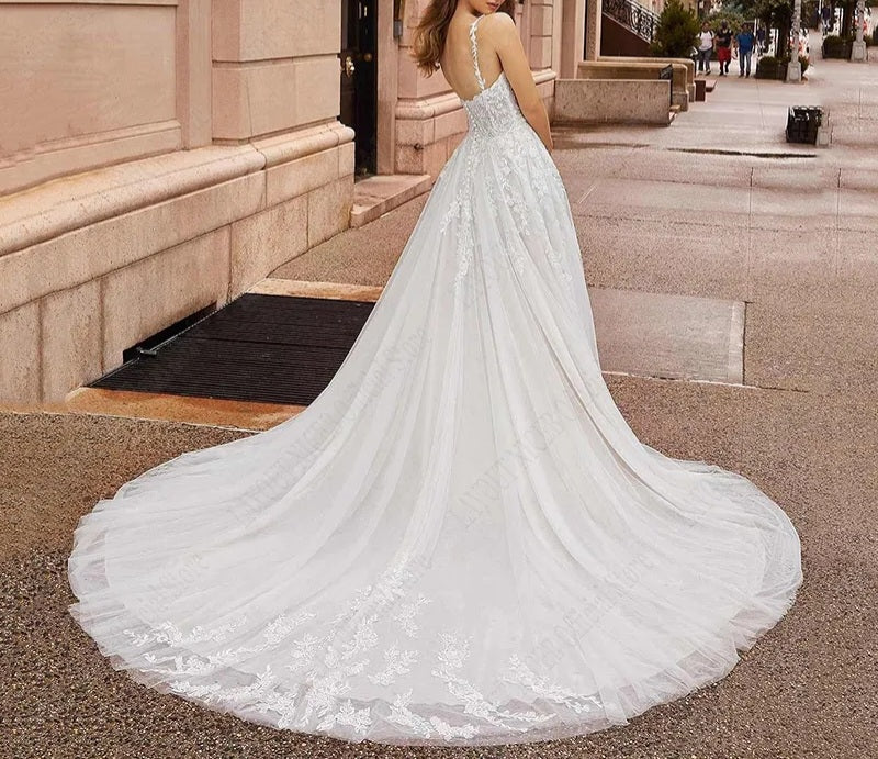 Romantic Flowy Lace Detailed Tulle A Line Wedding Gown All Sizes/Colors