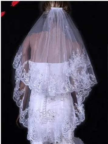 Sequin Lace Edge Hip Length Wedding Veil w/ Blusher