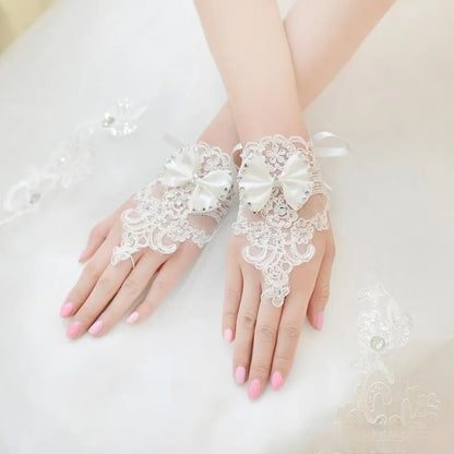 Rhinestone Lace Satin Bow Fingerless Wedding Gloves