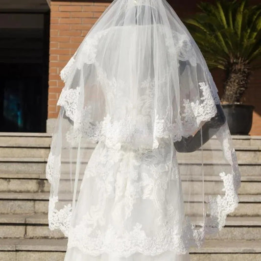 Vintage Lace Trim Waist Wedding Veil w/ Blusher