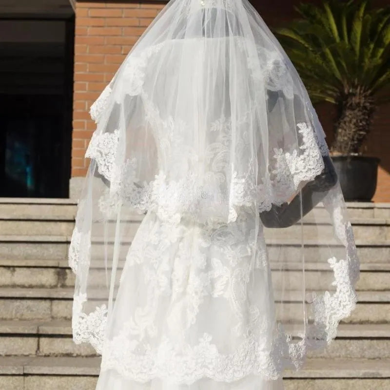 Vintage Lace Trim Waist Wedding Veil w/ Blusher