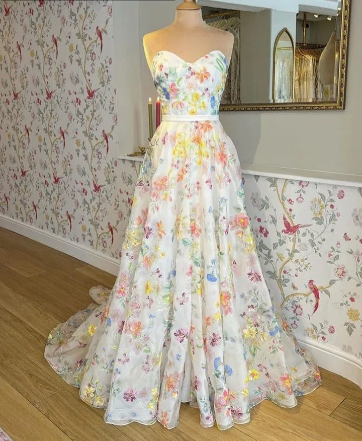 Floral Printed Chiffon Detachable Sleeve Wedding Gown All Sizes