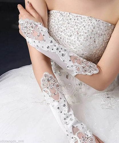 Rhinestone Satin/Lace Fingerless Wedding Gloves