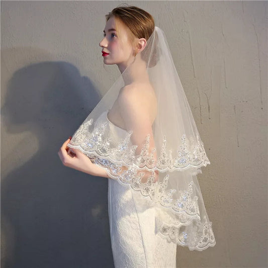 Sequin Lace Edge Waist Wedding Veil w/ Blusher