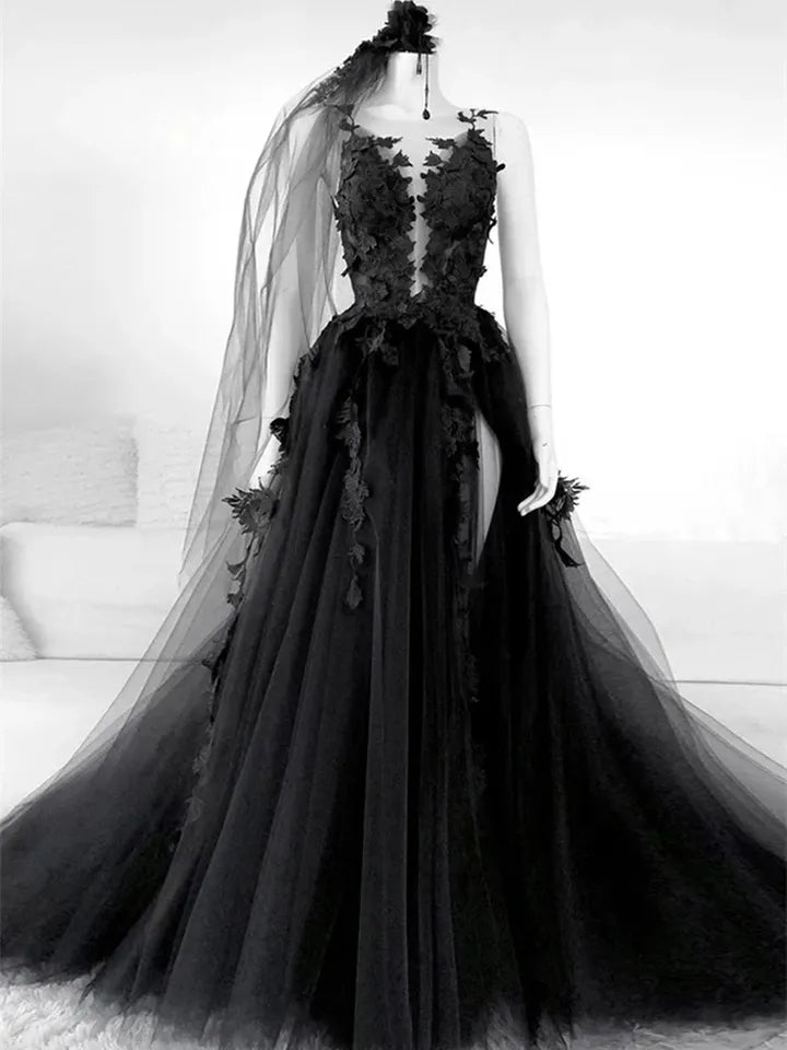 Sexy Gothic Applique/Tulle A Line Wedding Gown All Sizes/Colors