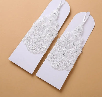 Rhinestone Lace Applique Fingerless Wrist Gloves