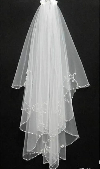 Beaded Edge Shoulder Length Wedding Veil w/ Blusher