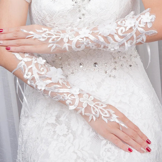 Pearl Applique Lace Fingerless Wedding Gloves