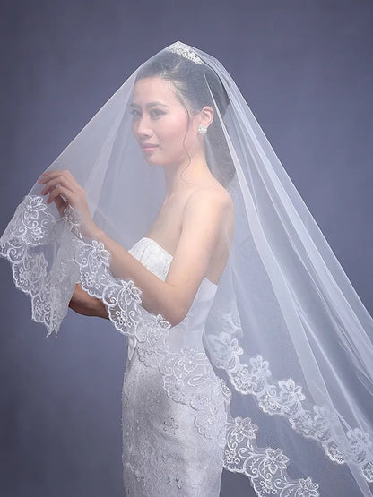 Floral Lace Edge Mantilla Wedding Veil Varying Lengths w/ Blusher