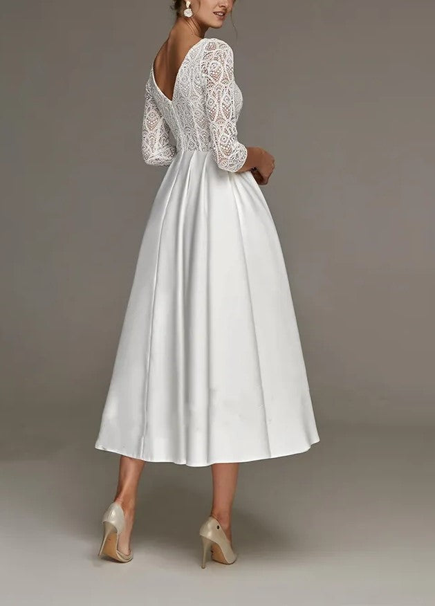 Lace/Satin Long Sleeved Tea Length Wedding Dress All Sizes/Colors