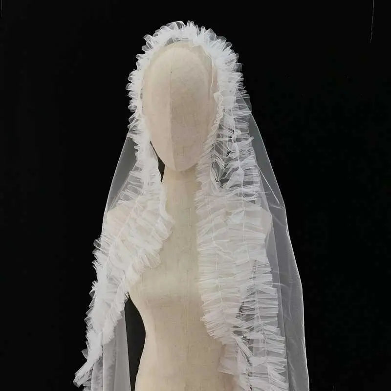 Simple Pleat Edge Tulle Waist Length Mantilla Wedding Veil w/ Blusher