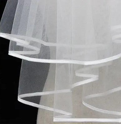 Ribbon Trimmed Tulle Chapel Length Wedding Veil w/ Blusher