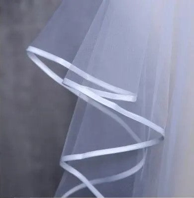 Ribbon Trimmed Tulle Chapel Length Wedding Veil w/ Blusher