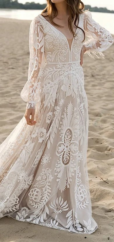 Custom Floral/Leaf Lace Boho Style A Line Wedding Gown All Sizes/Colors