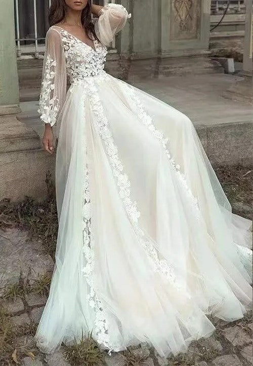 Custom Vintage 3D Floral Applique Tulle A Line Wedding Gown All Sizes