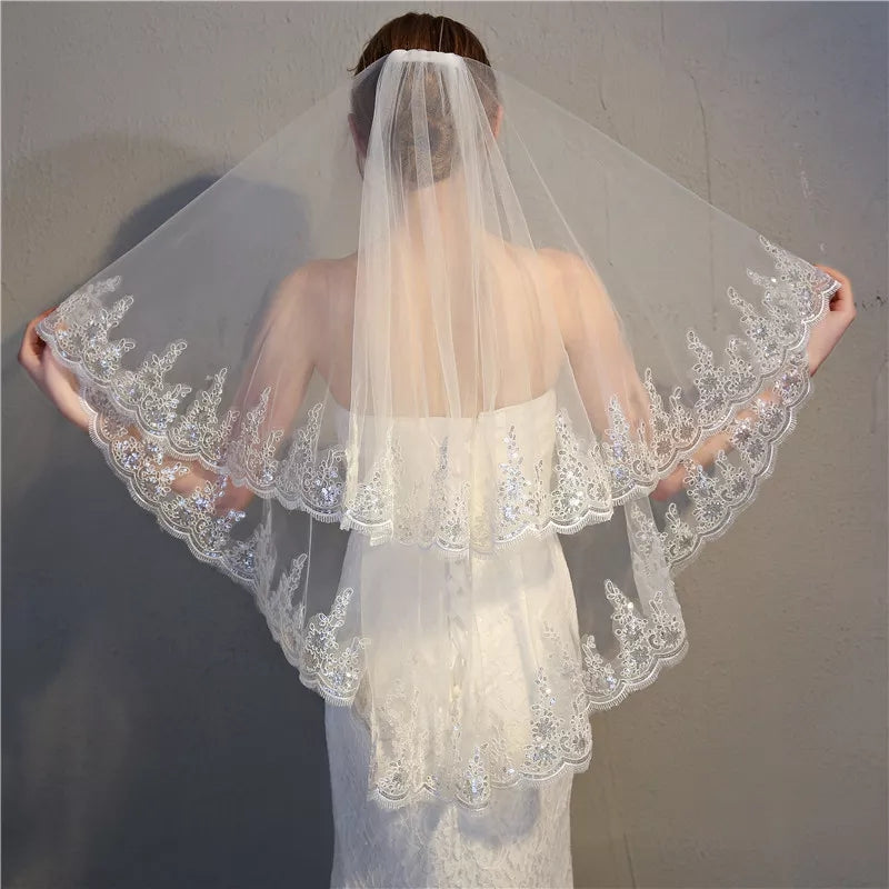 Sequin Lace Edge Waist Wedding Veil w/ Blusher