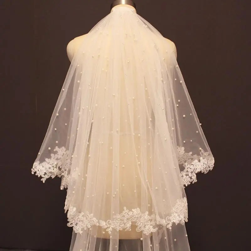 Lace Trim Pearl Tulle Church Wedding Veil w/ Blusher