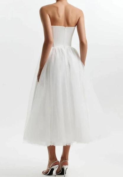 Strapless Satin & Tulle Tea Length Wedding Dress