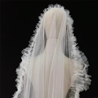 Simple Pleat Edge Tulle Waist Length Mantilla Wedding Veil w/ Blusher