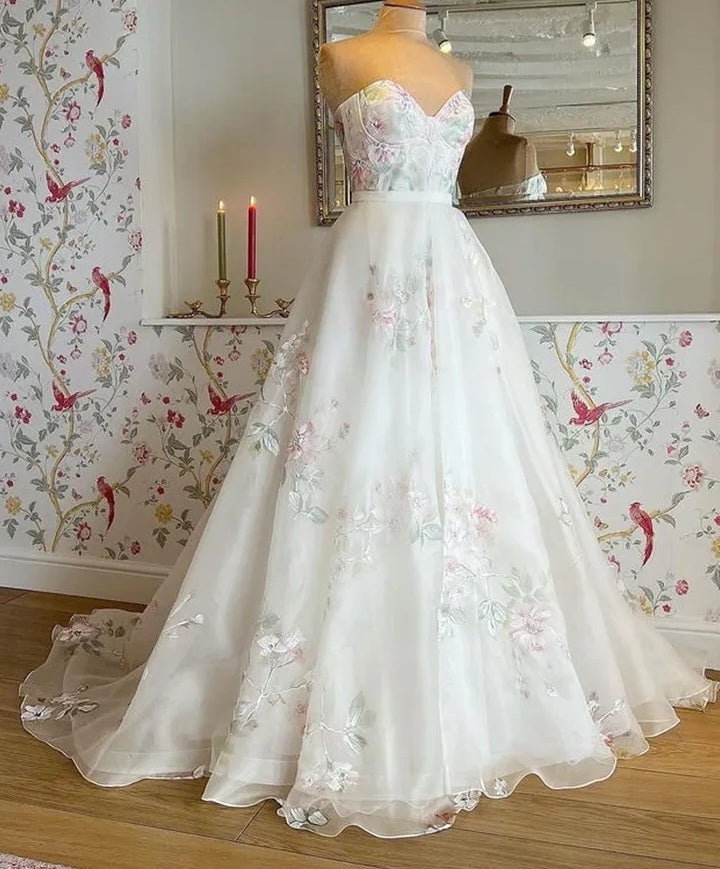 Floral Embroidered Chiffon A Line Wedding Gown All Sizes