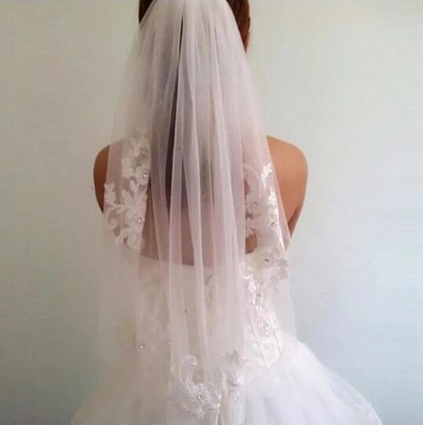 Rhinestone Lace Edge  Waist Length Wedding Veil