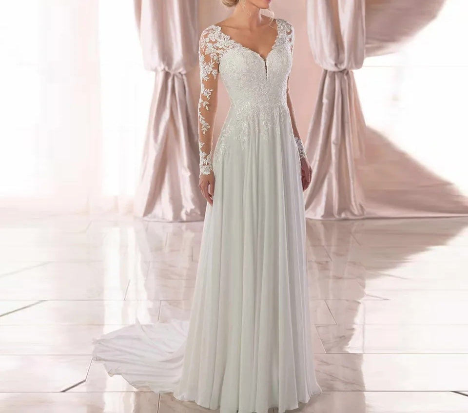 Custom Simple Lace Applique/Chiffon Column Wedding Gown