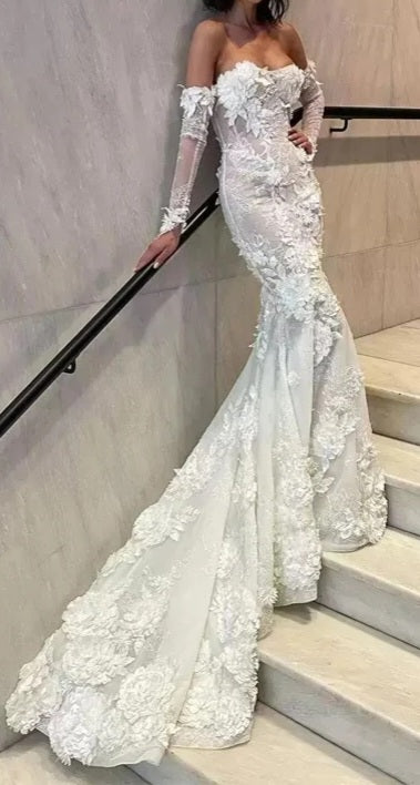 3D Floral Wedding Gown w/ Sleeves All Sizes/Colors