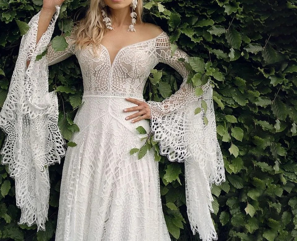 Custom Crochet Lace Fairy Boho Style A  Line Wedding Gown All Sizes/Colors