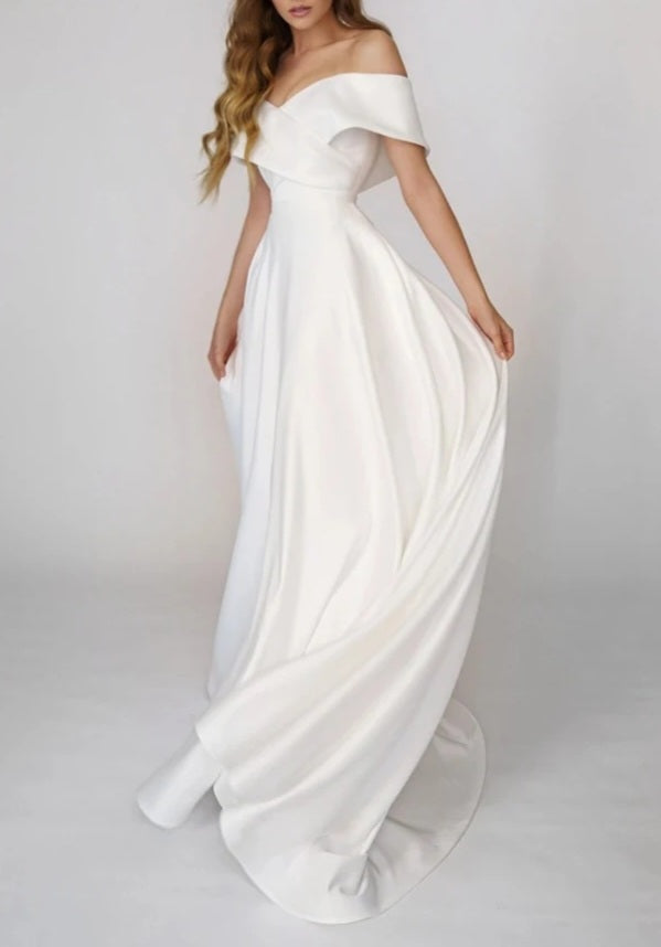 Simple Satin Off Shoulder A Line Wedding Gown All Sizes/Colors