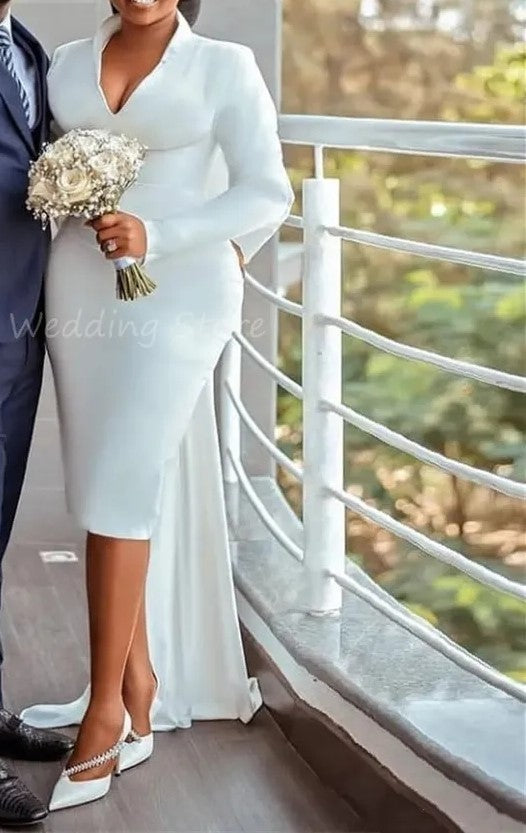 Satin Sheath w/ Detachable Bow Tea Length Wedding Dress All Sizes/Colors