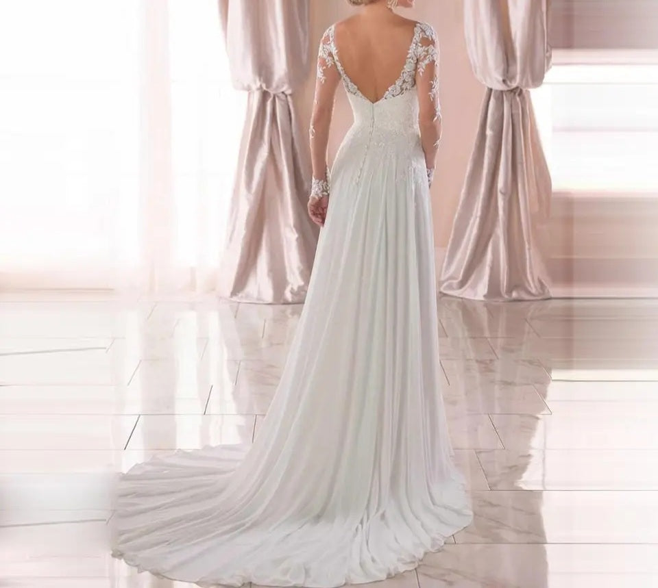 Custom Simple Lace Applique/Chiffon Column Wedding Gown