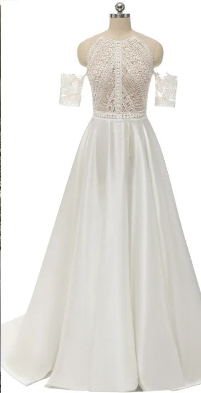 Custom Lace/Satin A Line Boho Wedding Gown All Sizes/Colors