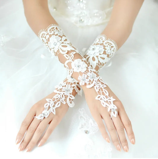 Rhinestone Detailed Lace Applique Fingerless Wedding Gloves