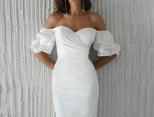 Puff Sleeve Off Shoulder Satin Sheath Wedding Gown All Sizes/Colors