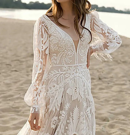 Custom Floral/Leaf Lace Boho Style A Line Wedding Gown All Sizes/Colors