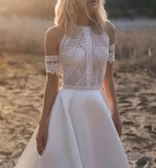 Custom Lace/Satin A Line Boho Wedding Gown All Sizes/Colors