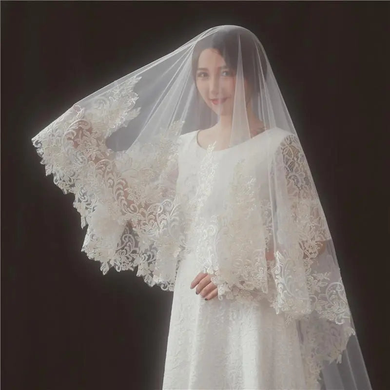 Vintage Lace Trim Mantilla Chapel Wedding Veil w/ Blusher