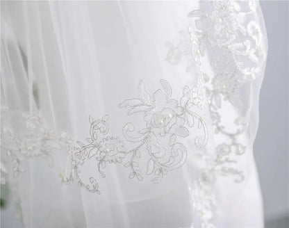 Pearl Lace Edging Tulle Elbow Length Wedding Veil w/ Blusher