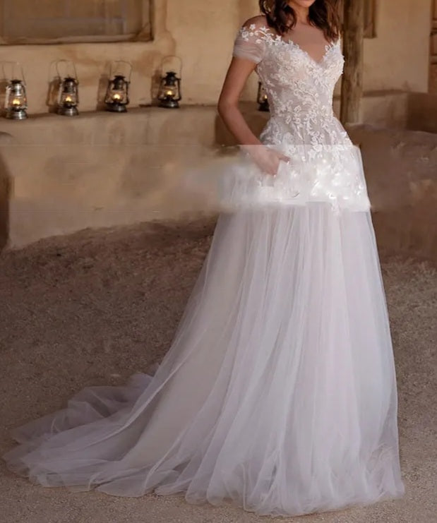 Ophelia Pearled Lace Applique/Tulle Wedding Gown All Sizes/Colors