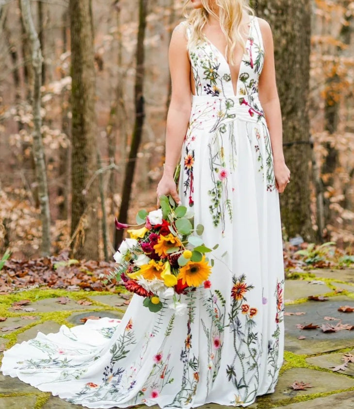 Floral Embroidery Satin Wedding Gown All Sizes