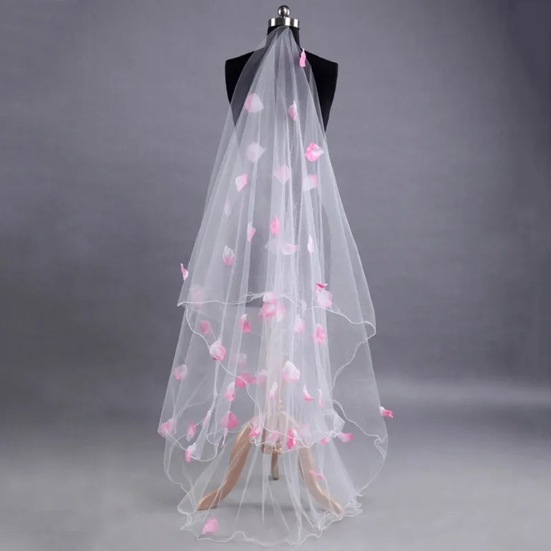 Rose Petal Accent Chapel Length Wedding Veil w/ Blusher