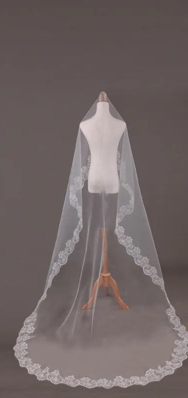 Lace Trimmed Chapel Length Mantilla Wedding Veil w/ Blusher